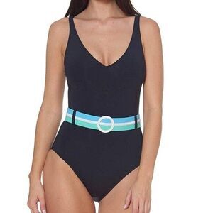 NEW Bleu Rod Beattie Women's Buckle Up V Neck Belted OTS Swimsuit sz 12 Black